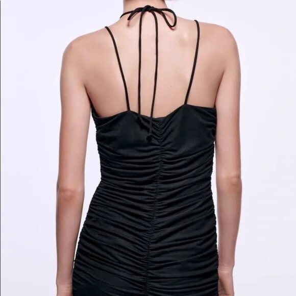 ZARA BLACK RUCHED BEADED HALTER TIE CAMI STRAP MINI DRESS SIZE MEDIUM NWT - Picture 3 of 5